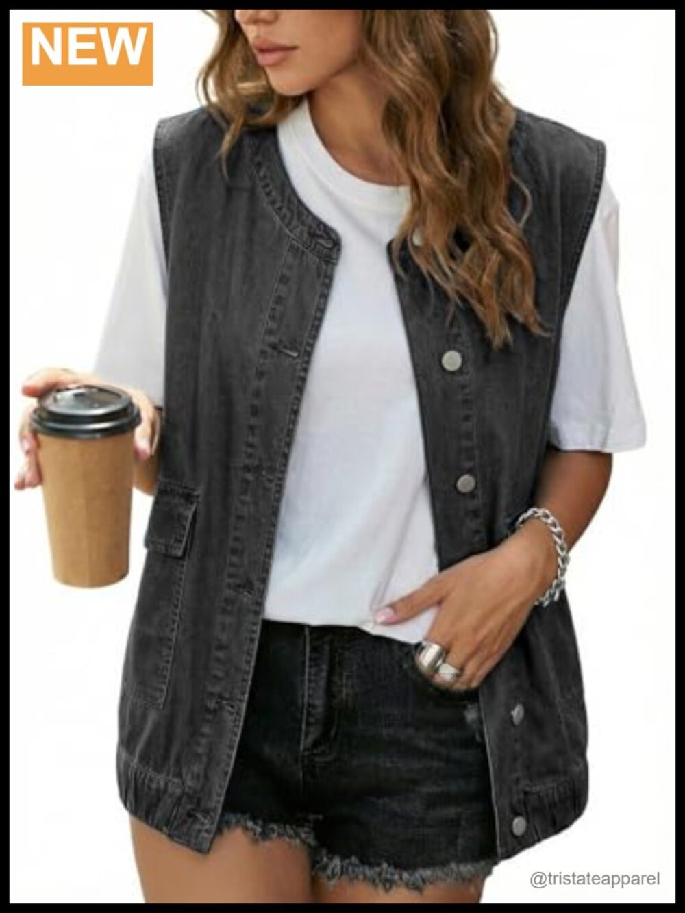 Sleeveless Denim Vest Button Down Jean Waistcoat with Pockets
